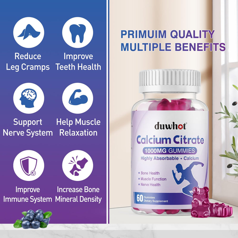 Assorted blueberry calcium citrate gummies on white background