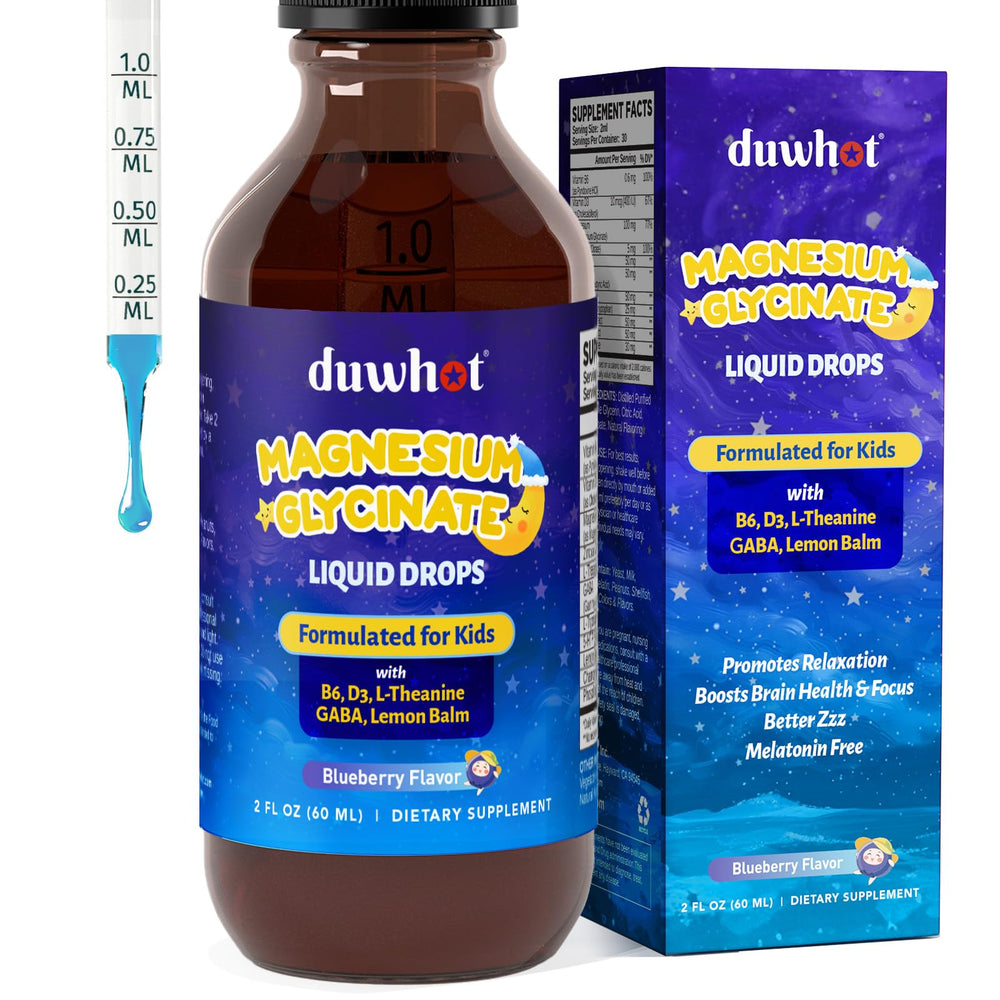 Bottle of duwhot Kids Magnesium Liquid Drops with blueberry flavor