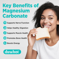 Vegan and non-GMO labels on Duwhot Magnesium Carbonate bottle