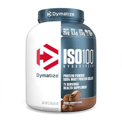 Dymatize ISO100 chocolate jar pour highlights fast-digesting whey for post-workout recovery.