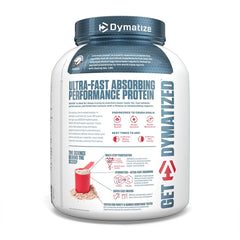 Dymatize ISO100 protein powder closeup emphasizes 24g per serving and instant mixability.