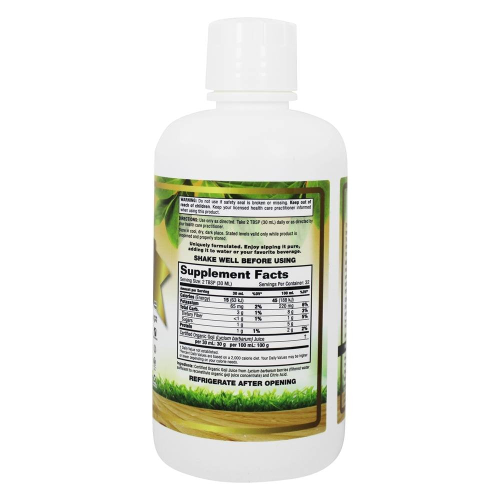 Dynamic Health Goji Gold Juice ingredients panel emphasizes organic, 100% juice without fillers.