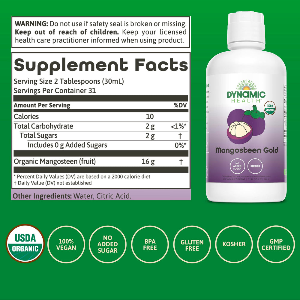 Dynamic Health Mangosteen Gold label highlights no added sugar and pure ingredients.