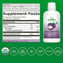Dynamic Health Mangosteen Gold label highlights no added sugar and pure ingredients.