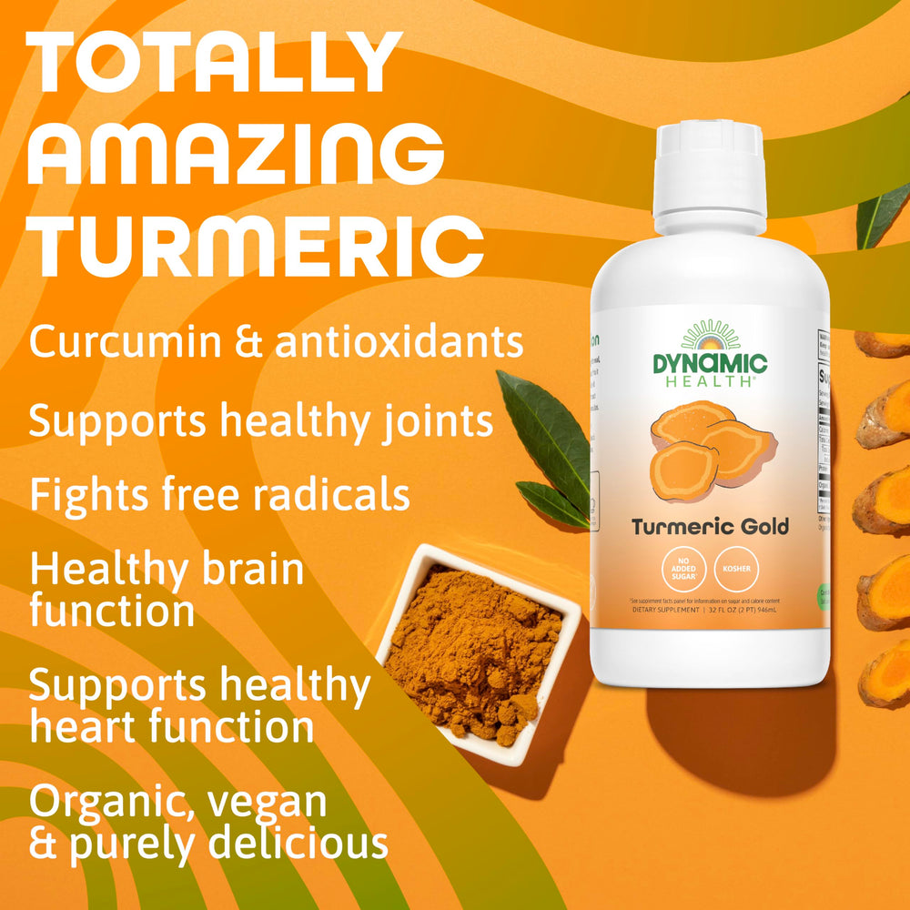 Close-up of Dynamic Health Turmeric Gold 32oz turmeric juice