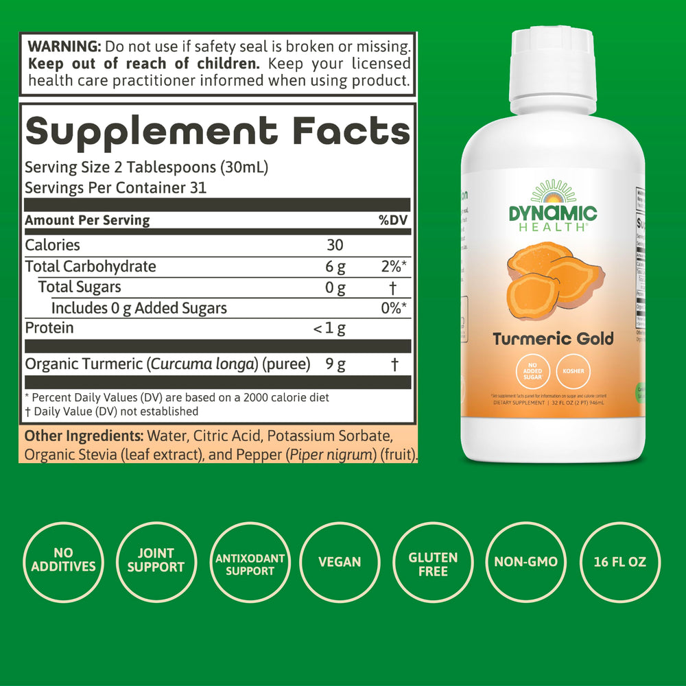 Dynamic Health Turmeric Gold 32oz bottle label close-up