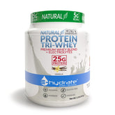 Front view of E-hydrate Tri-Whey Protein Powder Vanilla 1.3lb tub