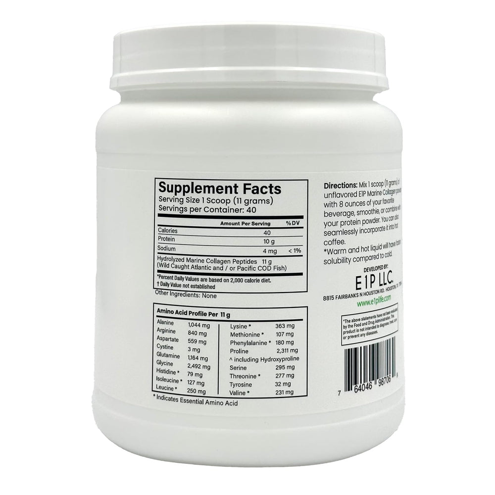 Third-party lab testing seal on E1P Marine Collagen Peptides packaging