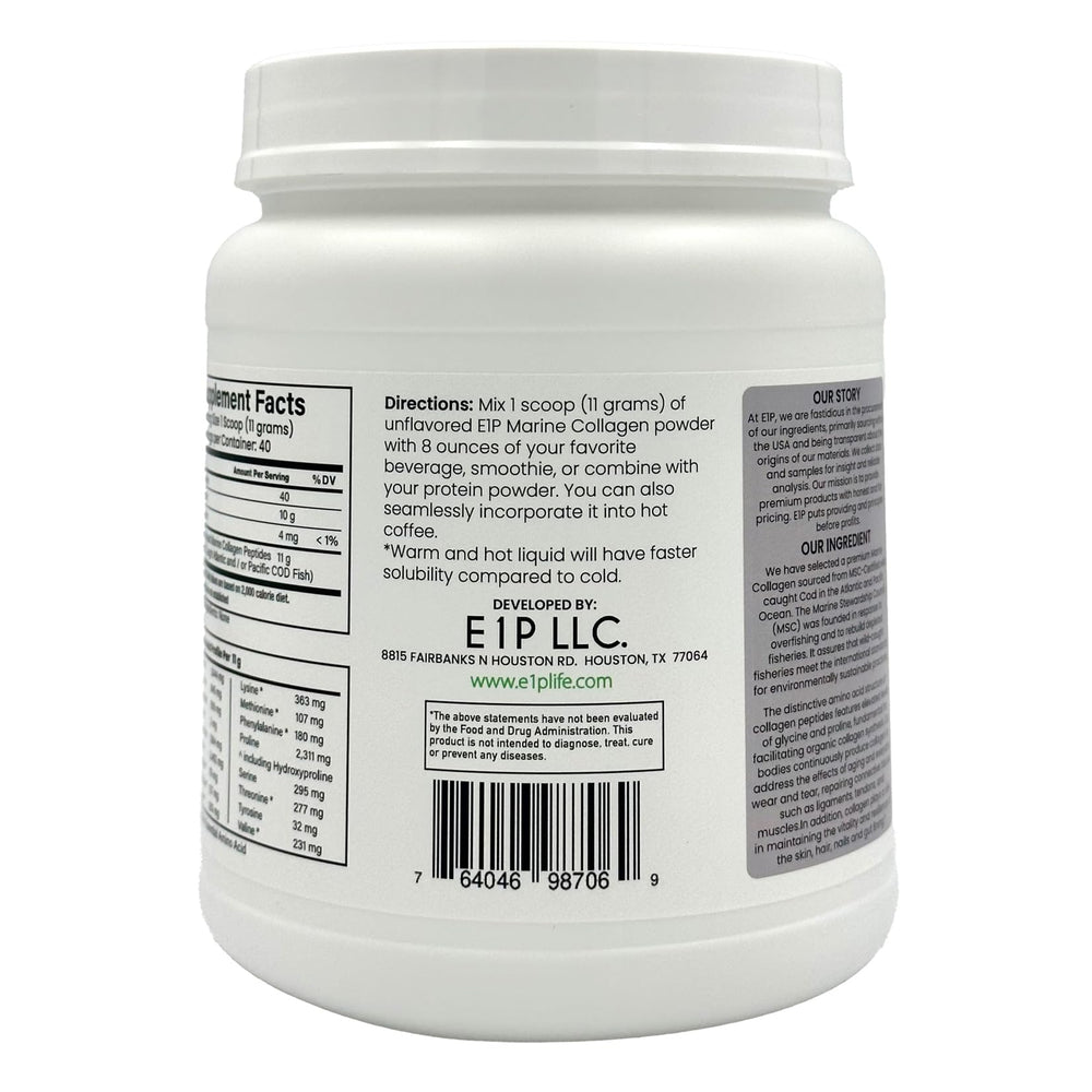 Ingredients and supplement facts panel for E1P Marine Collagen Peptides 440g
