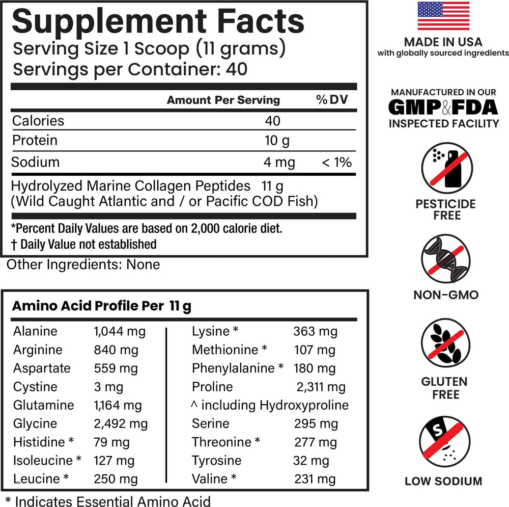 Serving size and nutrition label on E1P Marine Collagen Peptides 440g
