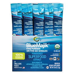 Front view of E3LIVE Blue Majik On-The-Go-Singles 30-count box