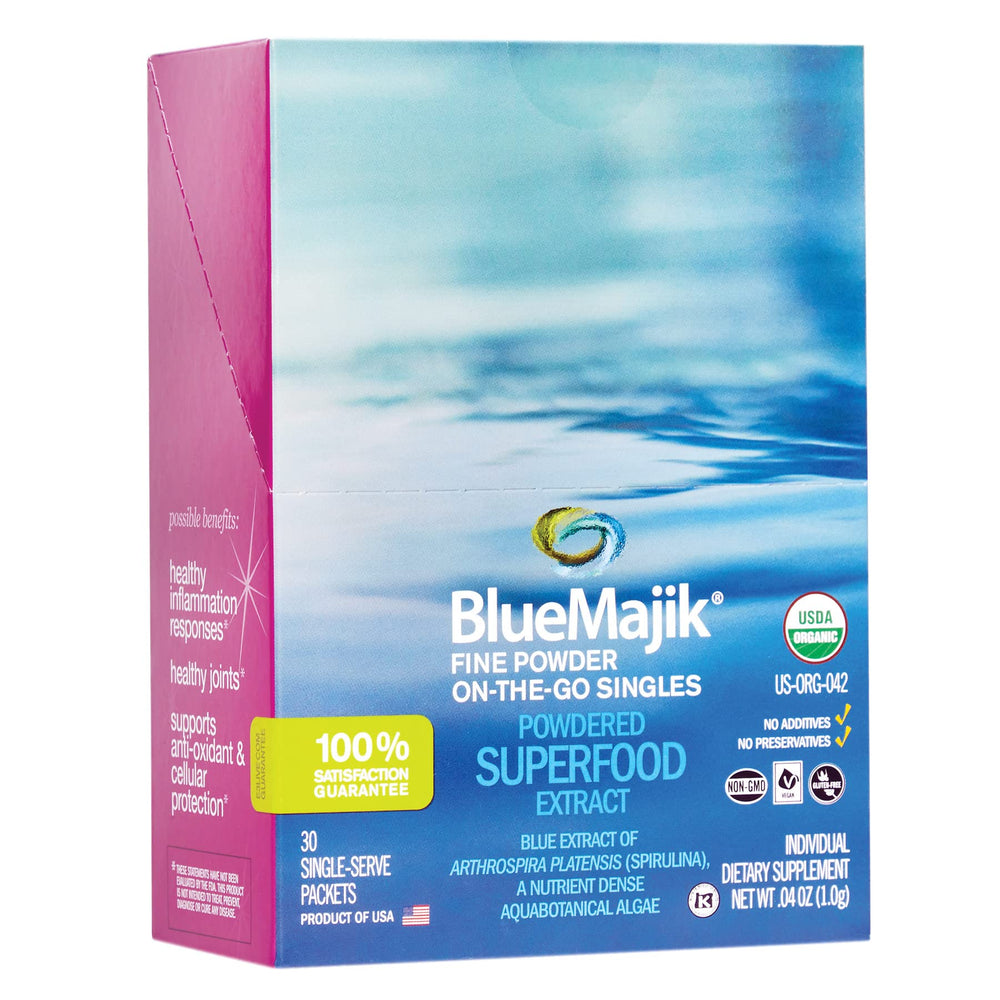 Close-up of Blue Majik on-the-go single-serve sachets