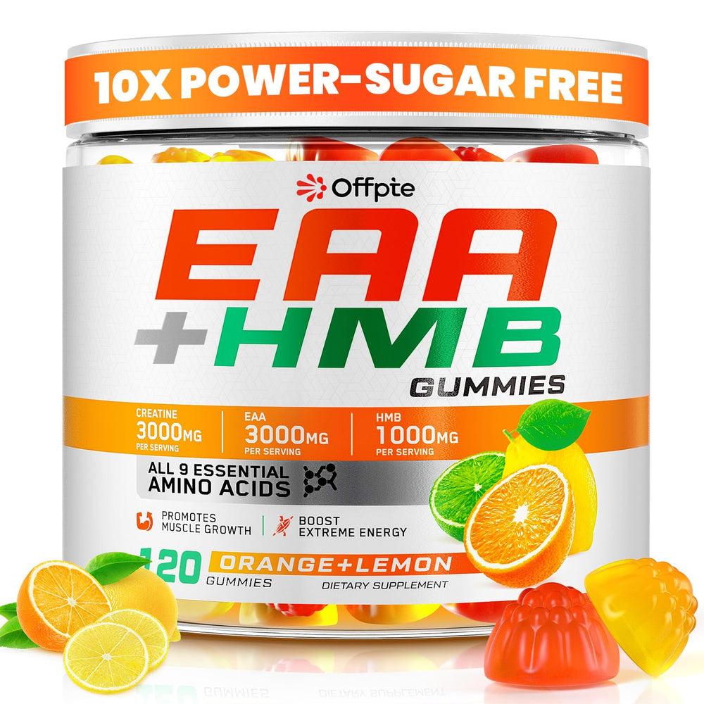 Bottle of EAA Gummies Orange-Lemon flavor with 120 count