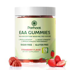 Bottle front of EAA Gummies Strawberry flavor