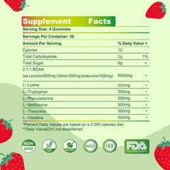 Bottle back label with ingredients for EAA Gummies Strawberry