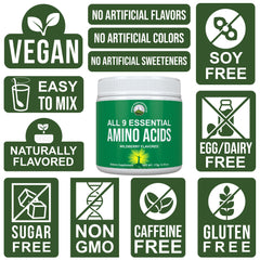 Ingredients and allergens: vegan, non-GMO, gluten-free EAAs powder
