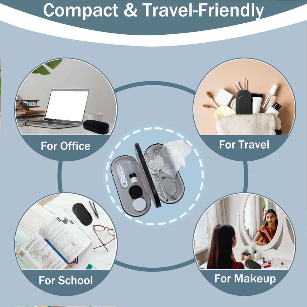compact travel storage kit for glasses and contact lenses in black