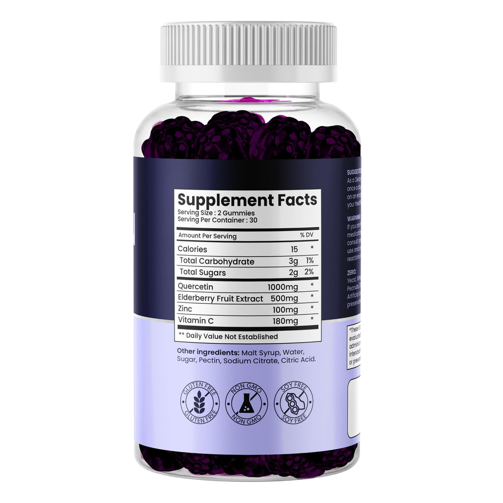 Close-up of quercetin gummies in berry flavor with Elderberry and Vitamin C ingredients