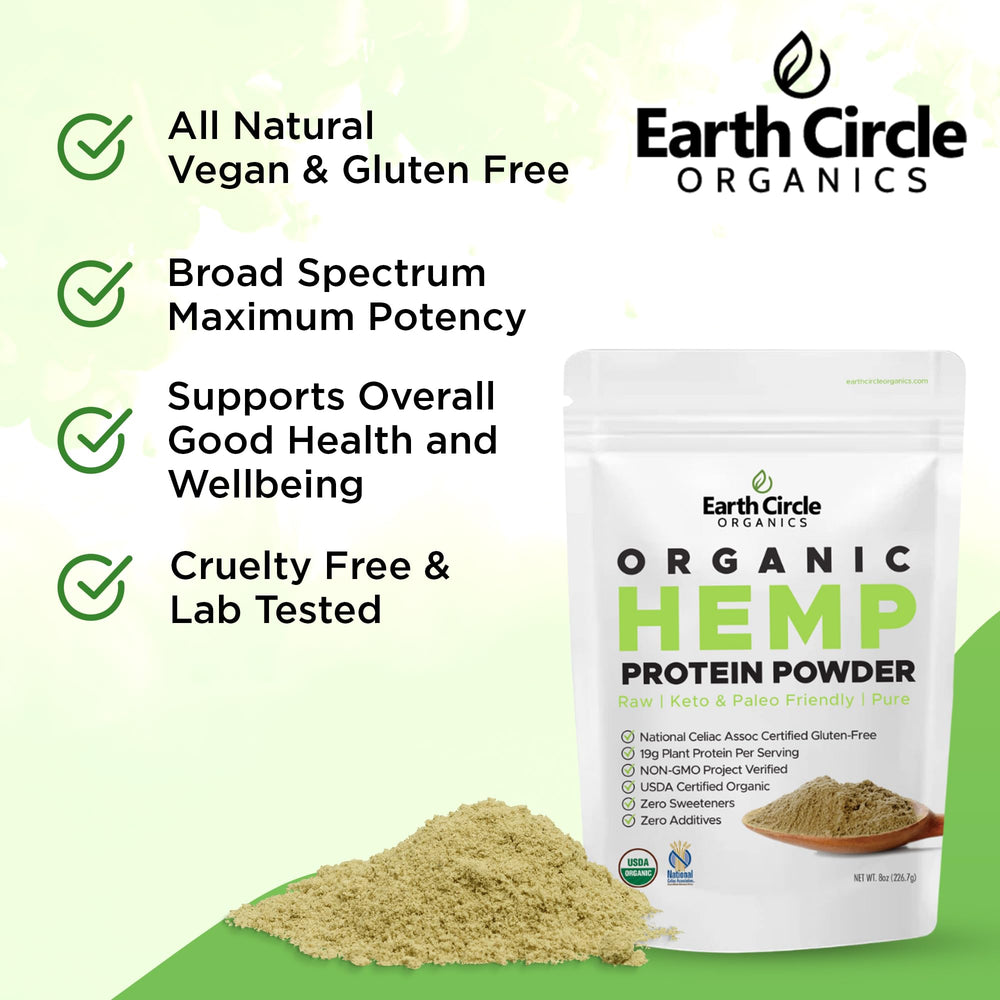 Earth Circle Organics hemp protein powder label closeup confirms gluten-free and vegan ingredients