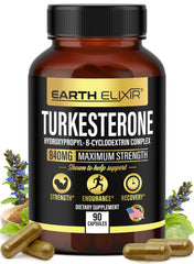 Bottle of Earth Elixir Turkesterone 840 mg (90 capsules) Made in USA