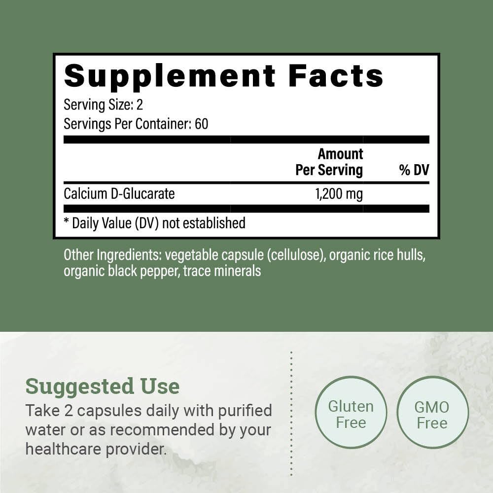 Packshot showing Earth Harmony Calcium D-Glucarate 1200mg bottle