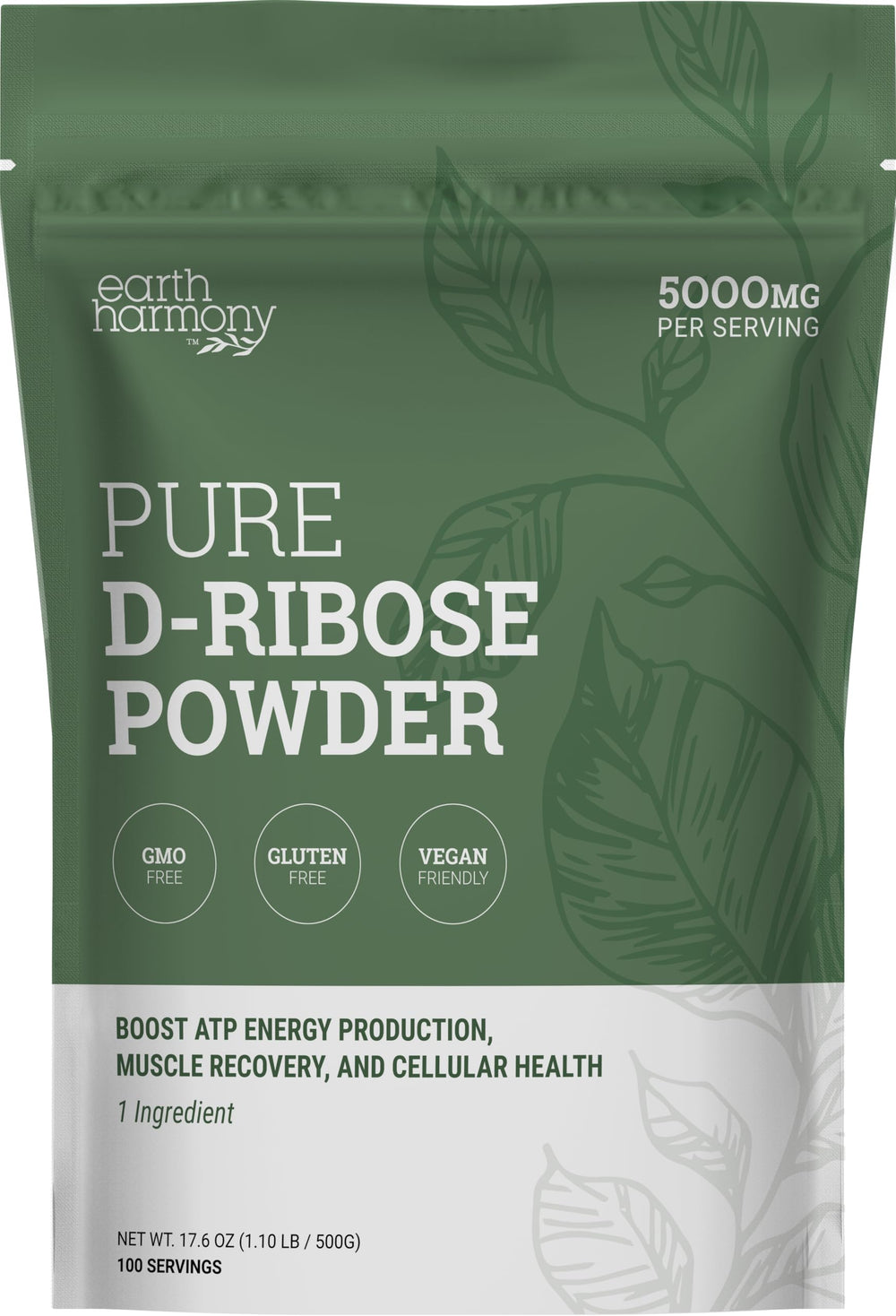 Earth Harmony Naturals D-Ribose Powder bottle highlights energy support for workouts.