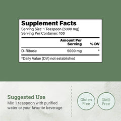 Earth Harmony Naturals D-Ribose Powder pouring scene suggests steady energy.