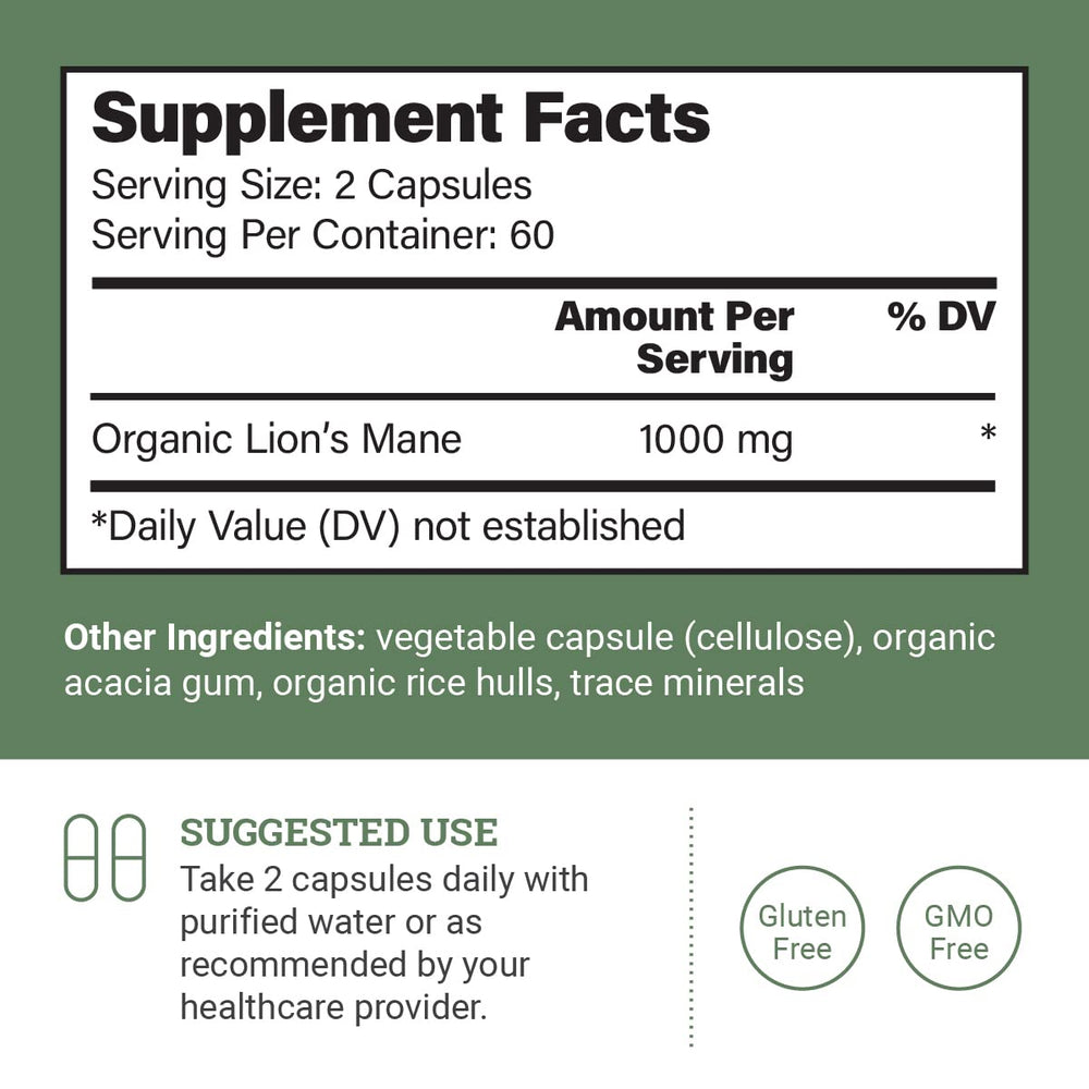 Front view of Earth Harmony Naturals Lions Mane 1000mg bottle