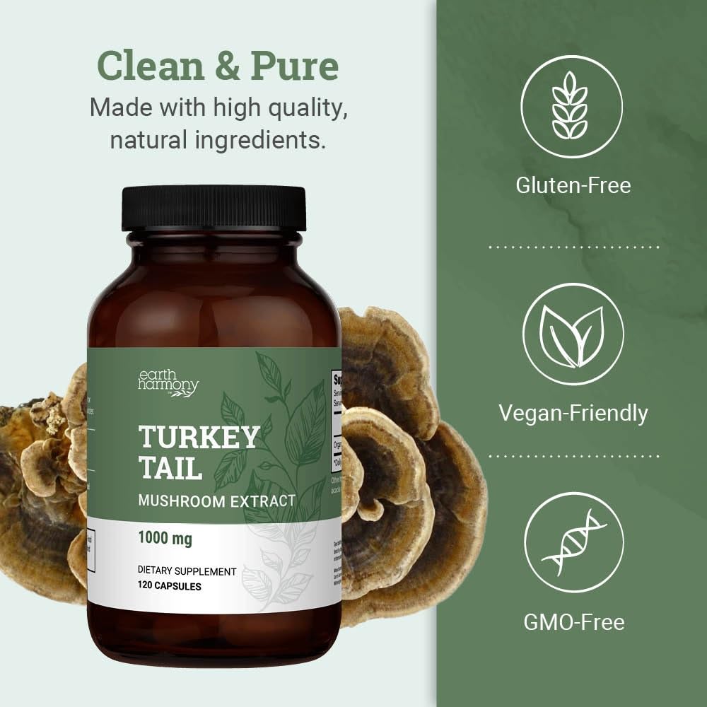 Turkey Tail capsules spilled next to bottle on white surface