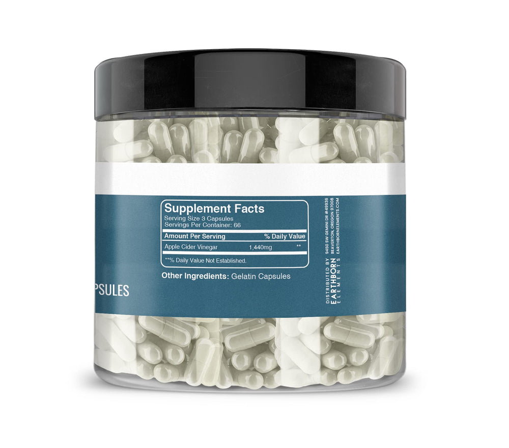 Earthborn Elements Apple Cider Vinegar capsules label closeup highlights purity with no additives.