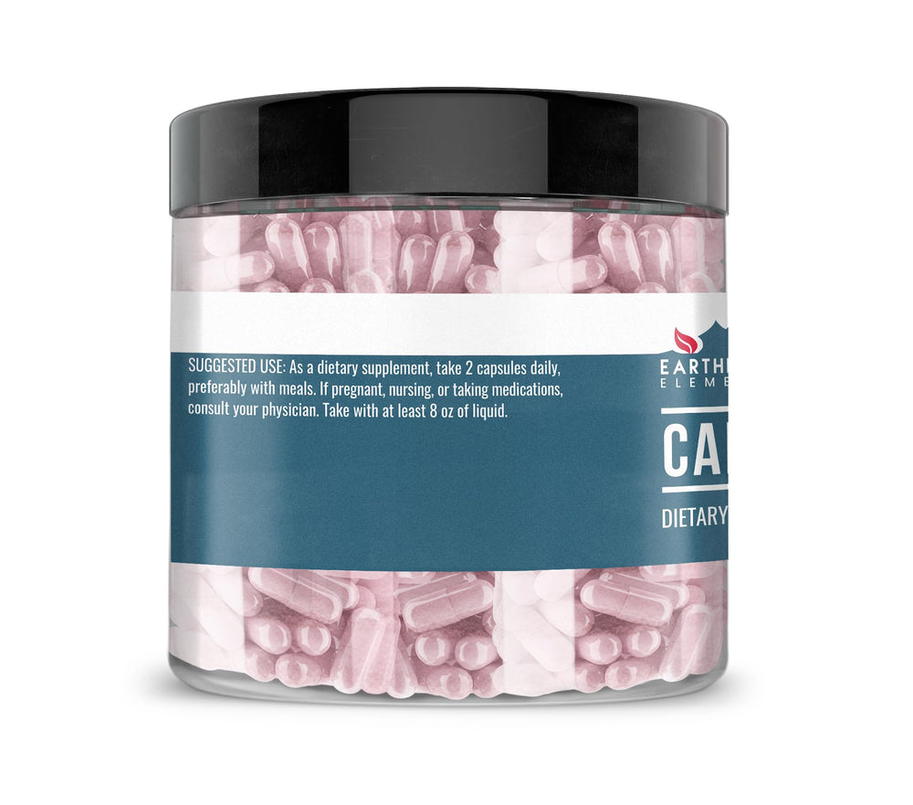 Close-up of Camu Camu capsules from Earthborn Elements 200-count bottle