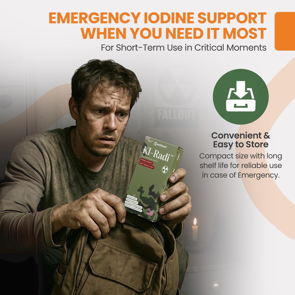 Emergency preparedness concept with EarthNutri KI-Radi iodine supplement