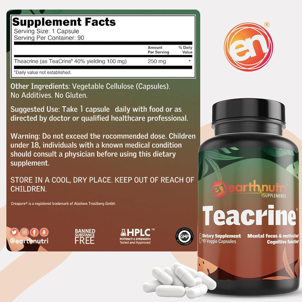 EarthNutri Theacrine bottle on desk suggests a simple morning routine boost.