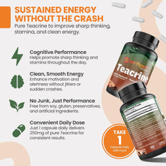 EarthNutri Theacrine capsules closeup showcases 250mg per cap for daily focus.