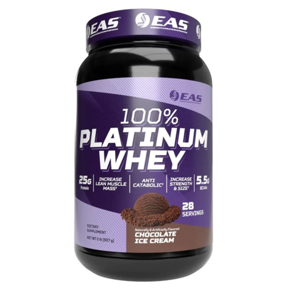 EAS 100% Platinum whey bottle for convenient daily recovery and lean gains.