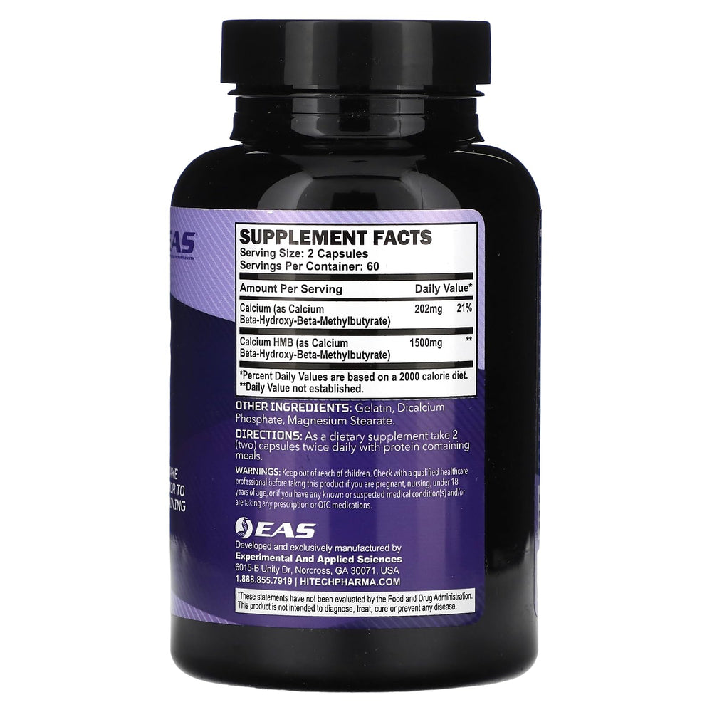EAS HMB capsules closeup shows small easy to swallow servings for daily muscle maintenance