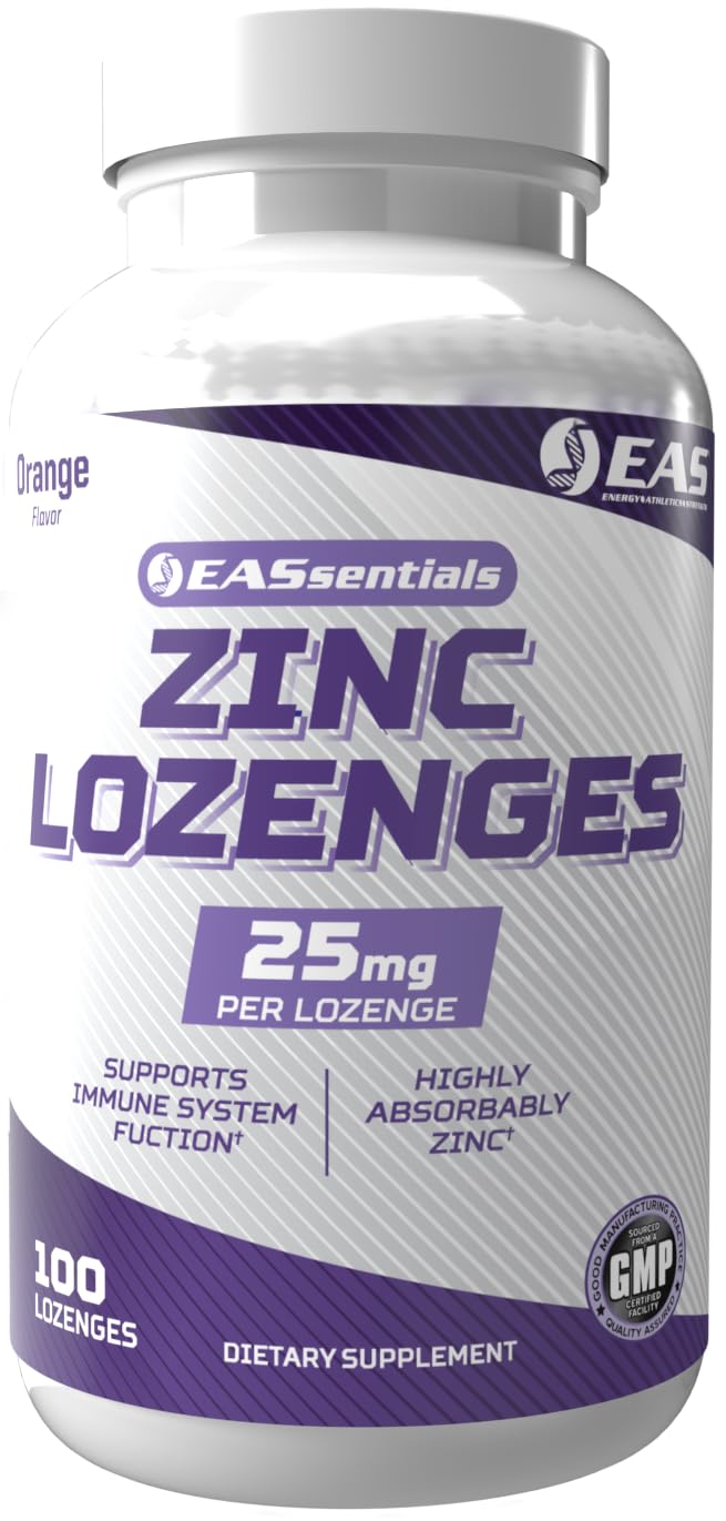 Front view of EAS Zinc Lozenges orange flavor bottle