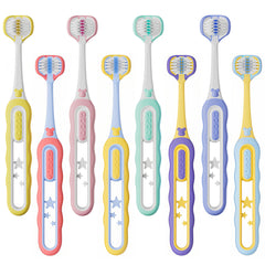 Front view of EASICUTI 3-sided toddler toothbrushes in an 8-pack set.