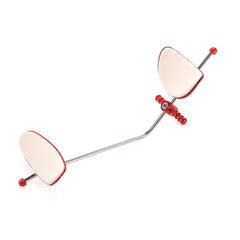 Close-up of elastics engagement bar on red protraction face mask