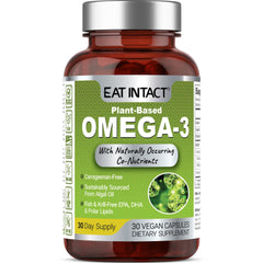 Bottle of EAT INTACT vegan omega-3 algae oil capsules