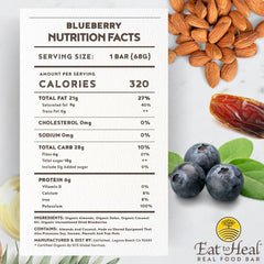 EatToHeal Blueberry Real Food Bar ingredients highlight almonds, blueberries, and dates for simple nutrition.