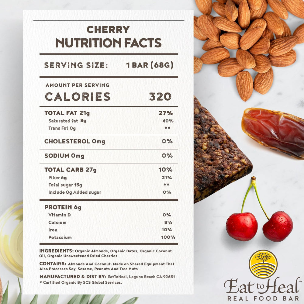 EatToHeal Cherry Real Food Bar ingredients closeup featuring almonds and cherries