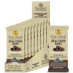 EatToHeal chocolate chip real food bar packaging, an on-the-go healthy snack option.