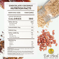 EatToHeal chocolate coconut bar ingredients show almonds and cacao for a wholesome, gluten-free bite.