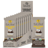 EatToHeal chocolate coconut real food bar packaging highlights organic plant-based nutrition for convenient snacking.
