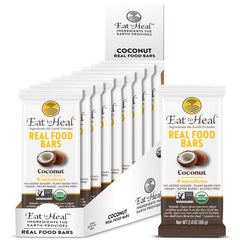 EatToHeal Coconut Real Food Bar pack shows organic vegan snack for on-the-go energy