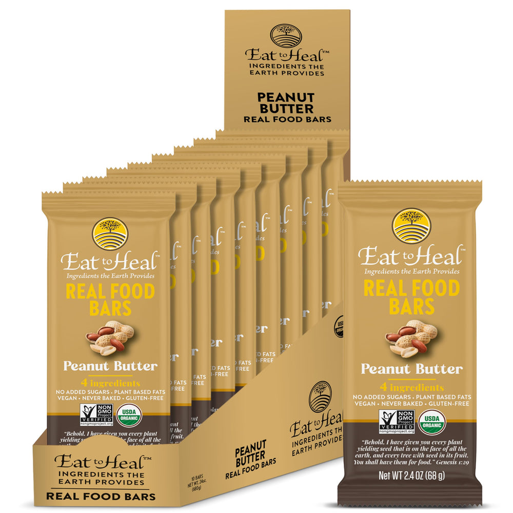 EatToHeal Peanut Butter Real Food Bar wrapper shot highlighting convenience and real-food ingredients for on-the-go snacking