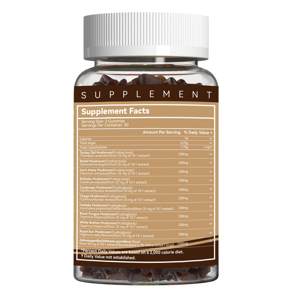 Close-up of EAZGOO gummies showing mushroom blend ingredients