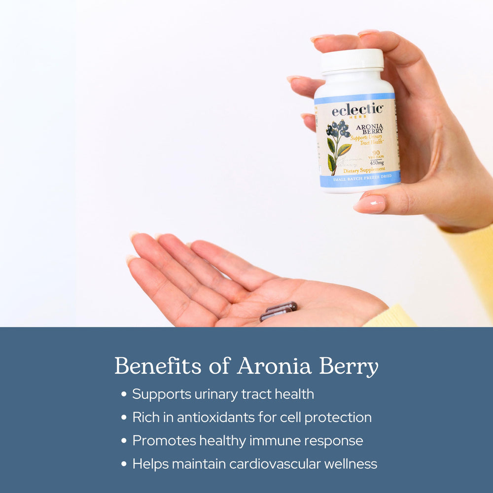 Eclectic Institute aronia berries packaging and label noting non-GMO and gluten-free