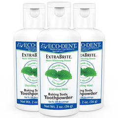 Front view of Eco-Dent ExtraBrite Mint Toothpowder canister in a 3-pack